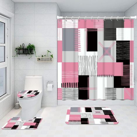 Shower curtain set, including a non-slip floor mat, a bath mat and a shower curtain, pink (1/5)