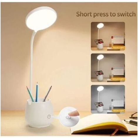 Lampe de bureau pour dortoir de bureau à domicile, petite lampe de bureau LED rechargeable avec support pour stylo/téléphone, petite lampe de bureau Eye Care, 3 modes d'éclairage de couleur, veilleuse (1/3)