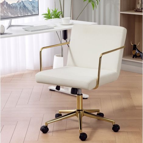 Chaise de bureau 57x64x80-90 cm crème blanc en polyester avec accoudoirs dorés et hauteur réglable (1/4)