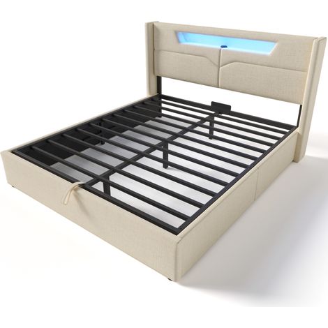 Doppelbett 160x200 cm aus beigem Leinen mit LED, USB, USB-C und Matratze (1/5)