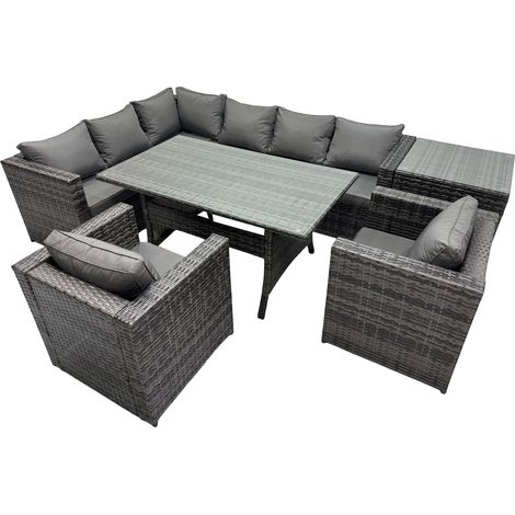 Fimous Outdoor PE Rattan Sofa Set with Dining Table Patio Garden Furniture Sets with Side Table Dark Grey Mixed (1/5)