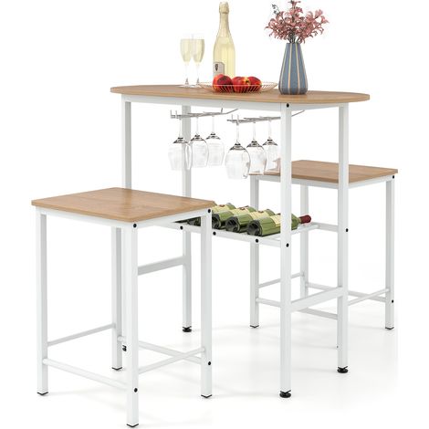 Ensemble de Table à Manger Ovale et 2 Tabourets avec Porte-Bouteilles, Porte-Verres à Vin, Repose-Pieds et Cadre en Métal, Naturel (1/5)