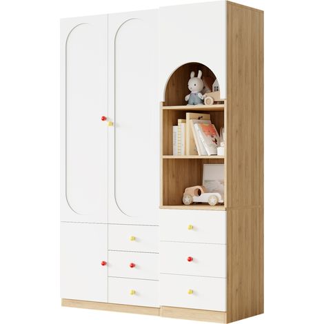 Ensemble d'armoire, meuble combiné avec armoire à 2 portes et étagère de rangement, meuble de chambre, armoire à 2 portes 80×45×200 cm, étagère de rangement 50×50×200 cm, blanc et aspect bois (1/5)