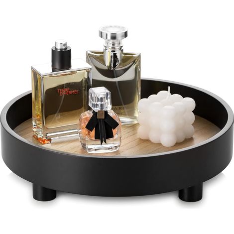 Bandeja redonda de madera negra – Ø30 cm – baño/sala de estar – decoración para mesa de centro/tocador – minimalista