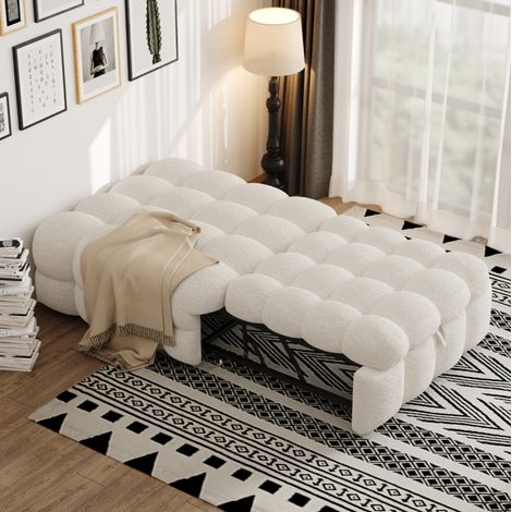 Bett modern als 2-in-1 Hocker-Schlafsofa aus Teddystoff-Stoff Beige 76x183 cm ohne Kopfteil (1/5)