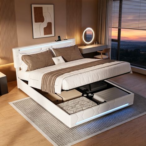 Lit coffre 140x190,lit 140x190 avec sommier à lattes,LED,USB,lit double capitonné,lit adulte,lit 2 personnes,tissu en velours,Beige (1/5)