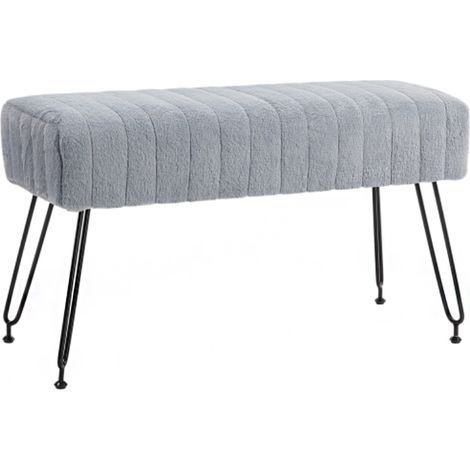 Banc capitonné aspect fourrure synthétique, 82 x 30 x 47 cm, gris, pieds en métal, banc à chaussures pour entrée, chambre, salon