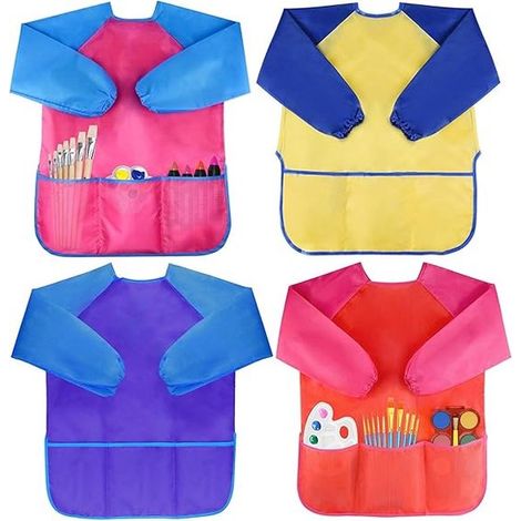 Bata de arte infantil, delantal de artista impermeable, mangas largas con 3 bolsillos, adecuada para niños de 3 a 7 años (pinturas y pinceles no incluidos). (1/5)