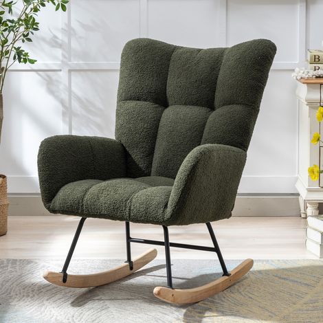 Schaukelstuhl aus Teddystoff mit Armlehnen, ergonomische Rückenlehne, Holzsockel, Dunkelgrün (1/5)