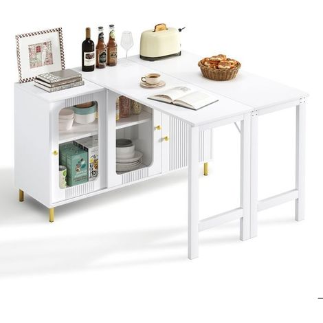 Buffet salle à manger, plateau extensible Buffet cuisine, portes coulissantes verre, pieds métal dorés, design ondulé moderne (1/5)