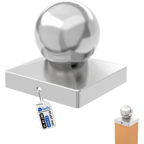 Lot de 16 Capuchon de poteau acier inoxydable 91 x 91 mm – Boule décorative – Protection bois pour clôture – Chapeau de poteau boule – GeZu Impex