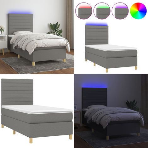 Cama box spring colchón y luces LED tela gris oscuro 80x200 cm - Cama box spring - Colchón con luz LED