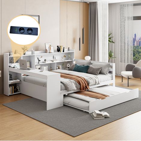 Letto multifunzione in legno massello bianco 140x200 cm con letto estraibile, scrivania, librerie, vani portaoggetti e prese USB