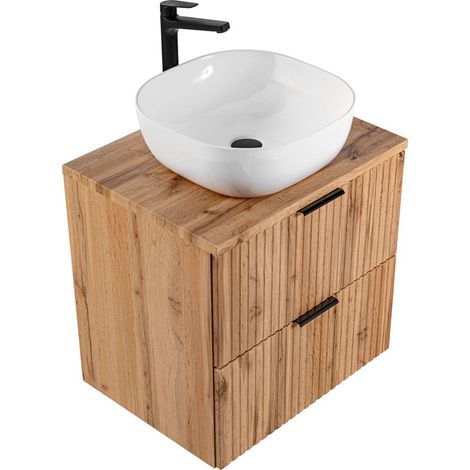 Badmöbel Waschtisch Set Unterschrank Wotaneiche gerillt, 42cm Keramik-Waschbecken, 2 Softclose-Schubkästen, B/H/T 60,6/73,7/46,5 cm (1/5)