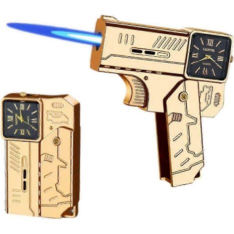 Briquet porte-clés pistolet transformable avec motif montre - Briquet rechargeable au butane à flamme bleue coupe-vent, idéal pour les activités de plein air et les cadeaux EDC pour hommes (1/5)