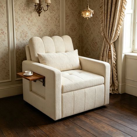 Fauteuil convertible 1 place avec tablette latérale et rangement, tissu chenille, dossier 5 positions, compact pour petit espace, beige