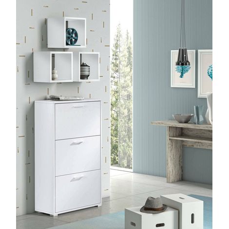Dmora - Zapatero Dlos, Mueble de entrada polivalente con 3 puertas abatibles, Zapatero de doble profundidad, 100% Made in Italy, 67x28h112 cm, Blanco (1/5)