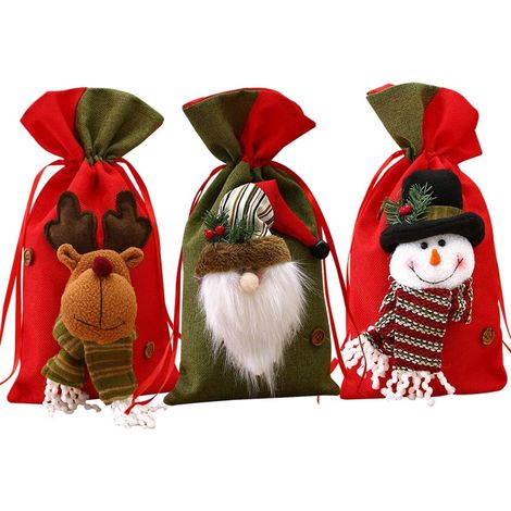 Lot de 3 sacs de Noël avec cordon de serrage, réutilisables, décorés de motifs Père Noël, renne et bonhomme de neige. (1/3)