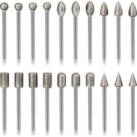 Ensemble de Fraises Diamantées pour Sculpture, Kits de polissage 20 PCS Accessoires d’outils rotatifs Tige 3mm pour Gravure,Sable fin 150 