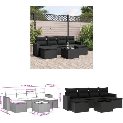 7-tlg. Garten-Sofagarnitur mit Kissen Schwarz Poly Rattan - Gartenmöbel Set - PE-Rattan Möbel - Outdoor Sofa - Esstisch Set - Lounge Set - Home & Living (1/3)
