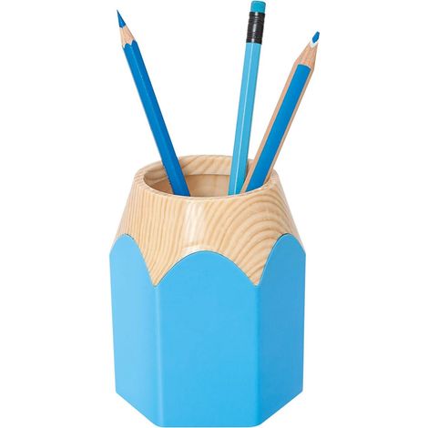 245255010 Pot à crayons en forme de crayon de couleur, plastique solide, environ 8,5 x 7,5 x 10,5 cm, bleu clair