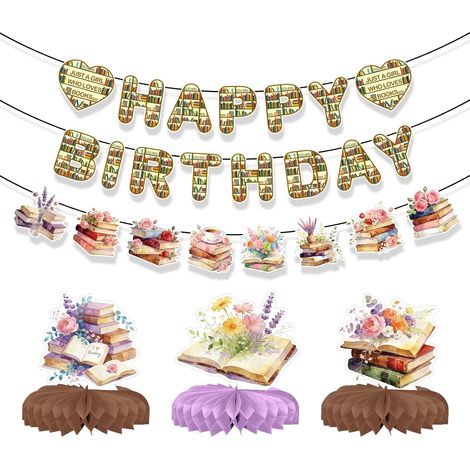 Décorations de fête sur le thème des livres (6 pièces) : guirlande « Joyeux anniversaire » pré-assemblée et centres de table en nid d'abeille. Idéal pour un anniversaire (1/5)