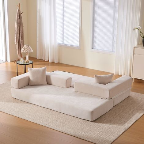 Canapé convertible 3 places, canapé droit, 3 coussins, combinaison libre modulable, tissu chenille, 198×79×60cm, beige