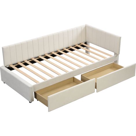 Lit rembourré, lit de jour 90200 multifonction avec 2 grands tiroirs de rangement et sommier à lattes, tissu velours doux pour la peau, beige (1/5)