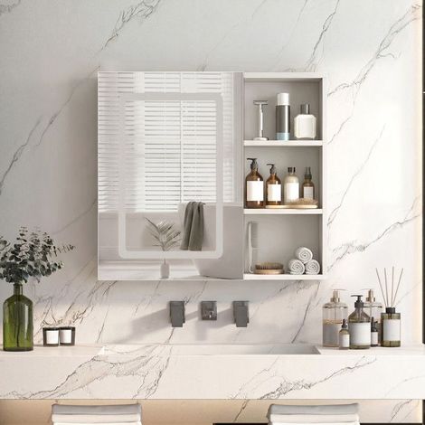 Armoire Murale Salle de Bain avec Porte et 3 Etagères - 3 Couleurs LED Miroirs - 60x15x60 cm - Fonction Antibuée - Étagère Réglable (1/5)