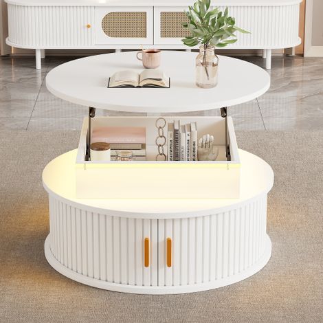 Table basse réglable en hauteur 757552cm, table de canapé, table d'appoint avec lumière LED, table basse ronde, table basse avec deux portes enroulables, table blanche avec espace de rangement caché, (1/5)