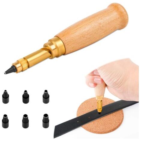 Poinçon automatique pour cuir Manche en bois avec 6 outils Pointes de reliure, 1,5 mm, 2 mm, 2,5 mm, 3 mm, 3,5 mm, 4 mm, poinçons interchangeables, pour la couture, le cuir, le papier, l'artisanat (1/5)