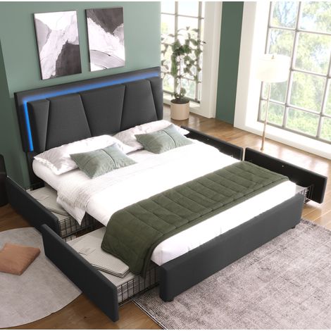 Letto imbottito 140x200 cm con 4 cassetti, testiera regolabile in altezza e LED, grigio, senza materasso (1/5)
