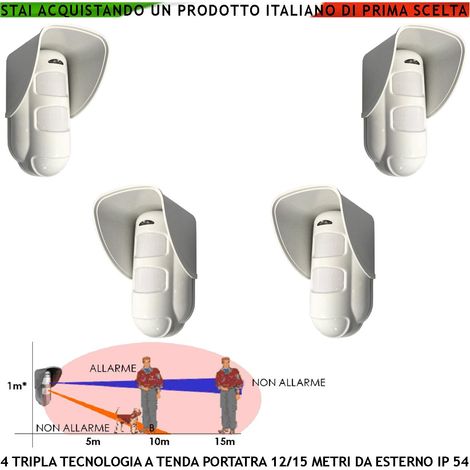 Sensore Antifurto Tripla Tecnologia da Esterno 4 Pezzi Portata 15 Metri Grandangolo o Tenda Regolabile da 5/15 Metri Alimentazione 12 V Via Filo Con Snodo Orientab Sensori 2 Pir 1 Microonda AND OR (1/4)