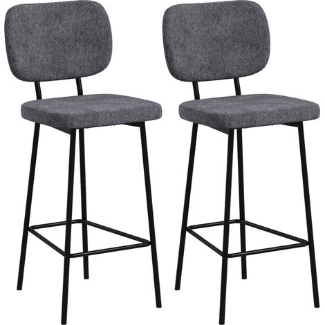Set aus 2 Barhockern, Hochstühlen oder Küchenstühlen mit Fuß- und Rückenlehne aus Leinenstoff und Stahl (1/5)