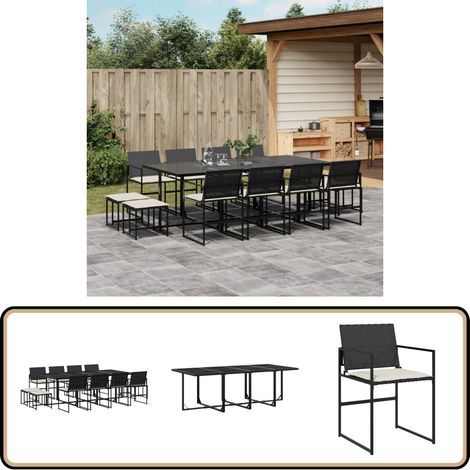 13-tlg. Garten-Essgruppe mit Kissen Schwarz Poly Rattan - Gartensessel - Gartenstühle - Gartenmöbelset - Outdoor Esstisch - Terrassenmöbel