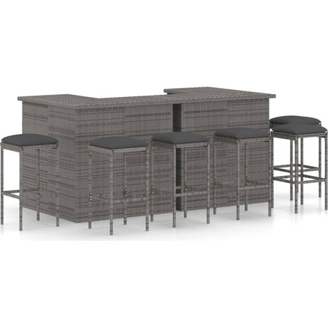8-tlg. Gartenbar-Set mit Kissen Poly Rattan Grau