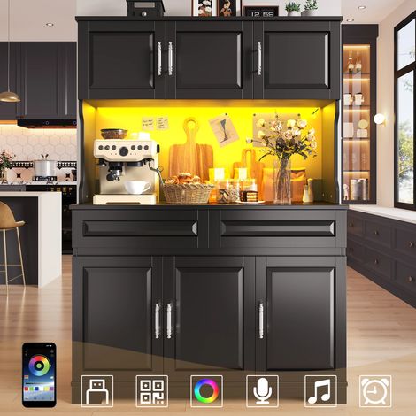 Küchenschränke (108 x 40 x 180 cm), Hochschrank mit App-Steuerung verstellbare Einlegeböden Stauraum mit Arbeitsfläche für Küche Esszimmer, Sideboards mit LED-Beleuchtung, Schwarz