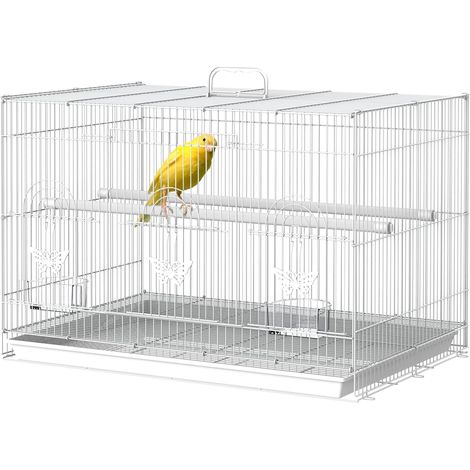 Cage à oiseaux PawHut 60 x 41 x 41 cm, volière en métal avec mangeoires, 2 perchoirs, 3 portes et poignée de transport pour petits oiseaux, canaris, perruches, blanche