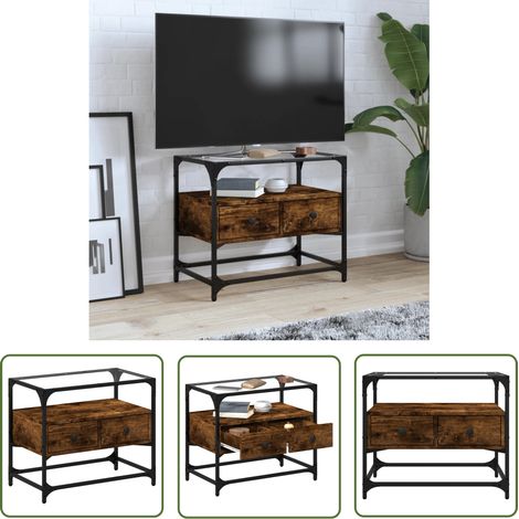 The Living Store TV-Schrank mit Glasplatte Räuchereiche 60x35x51cm Holzwerkstoff - TV Schrank - Fernsehtisch - Regal - Wohnzimmermöbel - Holzmöbel (1/5)
