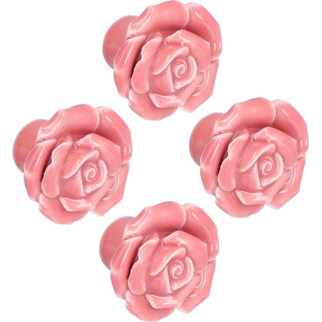 Lot de 4 poignées modernes en céramique en forme de rose pour meubles, salon ou chambre à coucher (rose) (1/5)