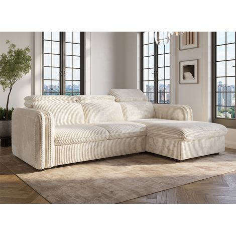 Deco In Paris – Canapé d'angle convertible en velours côtelé épais beige – 2 places – Dimensions 238x172x82/99 cm – Couchage 123x197 cm
