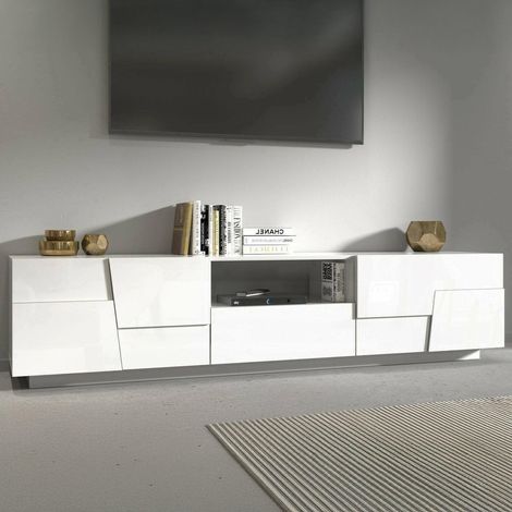 Meuble TV Vanni, Buffet Bas de Salon avec 4 Portes et 1 tiroir, Base Meuble TV, 220x44h46 cm, Blanc Brillant (1/5)