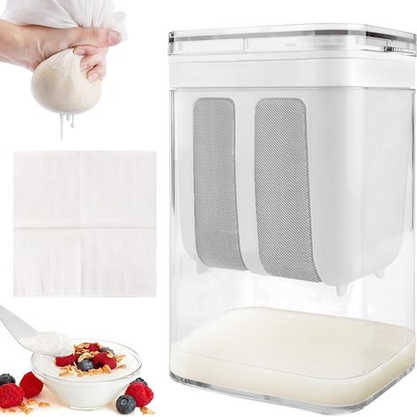 Passoire à yaourt - Filtre à yaourt fait maison - Séparateur de yaourt et de lactosérum - Yaourtière - Yaourt - Fromage frais - Machine à yaourt avec tamis en maille - Chiffon filtrant (1/5)