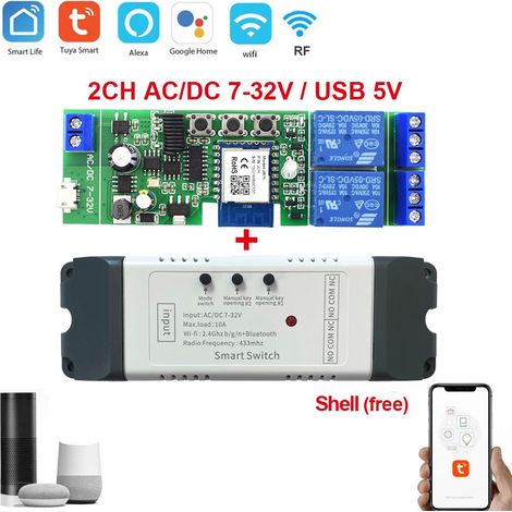 Interrupteur intelligent WiFi Tuya, module de commutation DIY avec minuterie 220 V, commande vocale RF, 2 canaux,Tuya DC 7-32V (1/4)