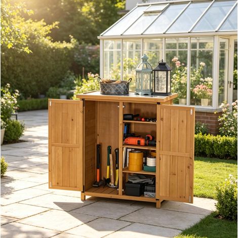Mueble de jardín de madera de abeto, 2 puertas, 3 estantes, techo galvanizado, amarillo HAVRYA (1/5)