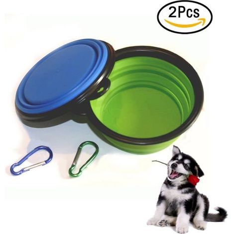 Gamelle pour Chien Pliable Extensible Bol Eau Nourriture pour Animaux Domestique Gamelle de Voyage Gratuit Crochet - Bleu & Vert (1/4)