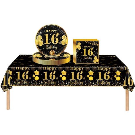 Partygeschirr Set 16. Geburtstag Schwarz Gold 37 Teile für Kinder & Erwachsene