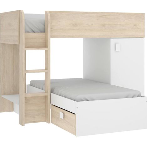 Dmora - Composizione camera da letto Pax, Cameretta completa, Composizione letto a castello con due lettini singoli, 255x112h150 cm, Bianco e Rovere