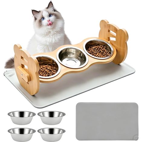 Gamelle Chien Surelevee de 4 Hauteurs Ajustables, Gamelle surélevée pour Chien avec Structure, Support Gamelle Chien Surelevee en Bambou avec 4 Bols Inoxydable pour Petits Chiens et Chats (1/5)