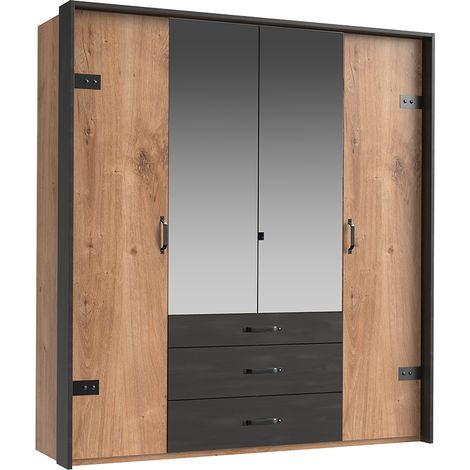 Kleiderschrank 4-trg., 200 cm, mit Passepartout, Eiche mit Stahl Nb., DAVENPORT-43 (1/5)